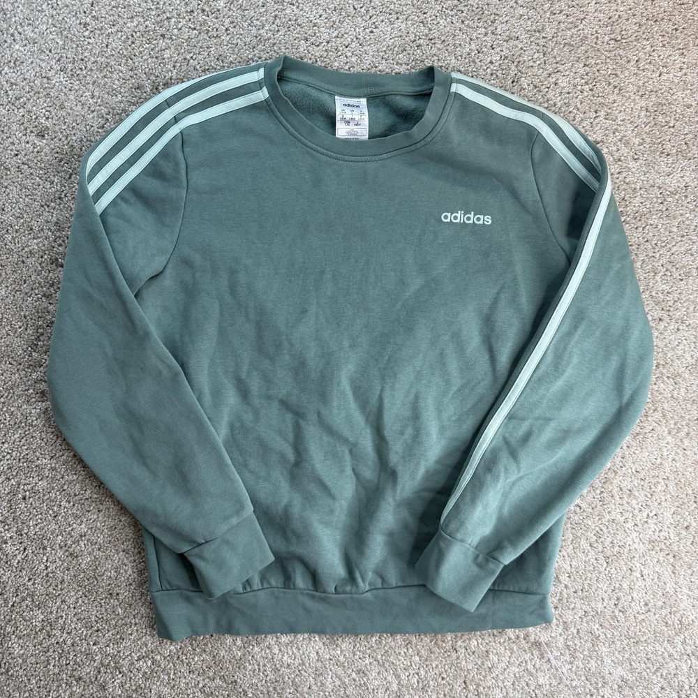 Adidas Sweatshirt Womens Large Green Fleece Crewneck 3 Stripe Raglan Pullover